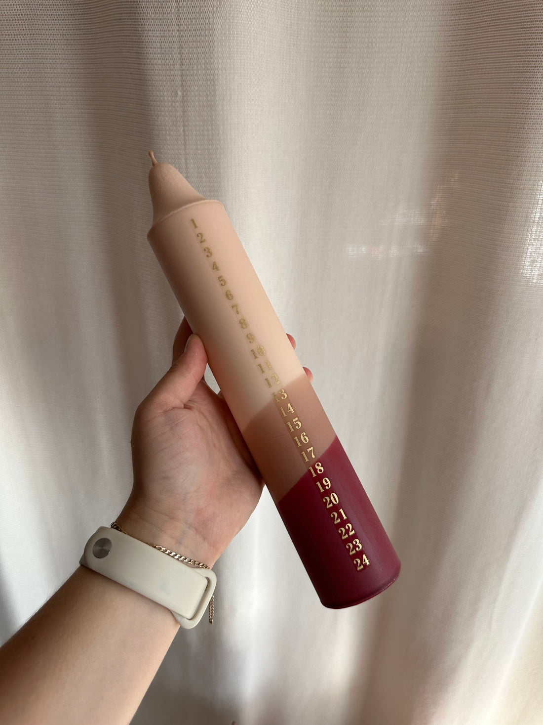 AdventskalenderKerze beige, braun,  dunkelrot