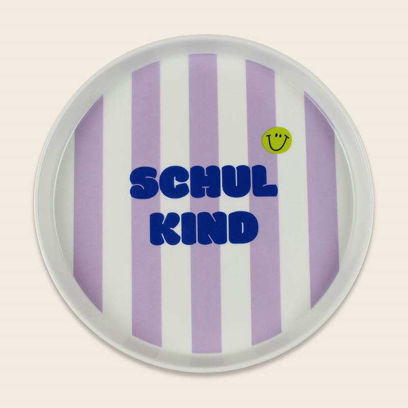 Ava&Yves Porzellan-Set 'Schulkind Streifen, flieder und pink' mit großem Teller (23cm), Becher und Müslischale