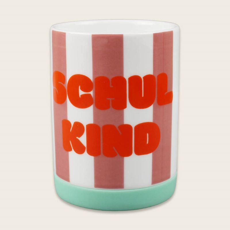 Ava&Yves Porzellan-Set 'Schulkind Streifen, flieder und pink' mit großem Teller (23cm), Becher und Müslischale