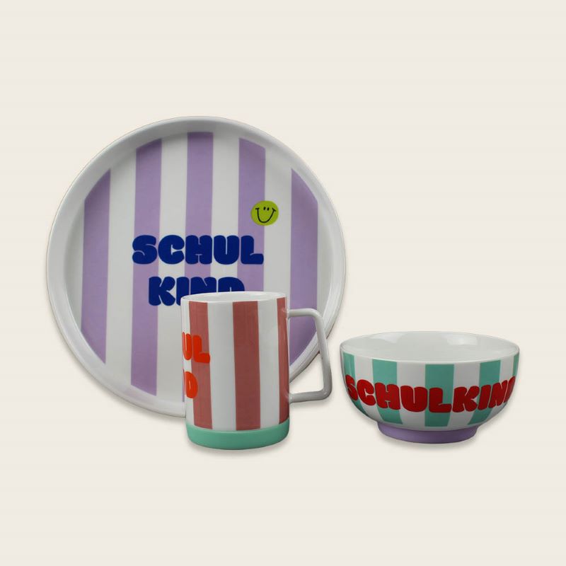 Ava&Yves Porzellan-Set 'Schulkind Streifen, flieder und pink' mit großem Teller (23cm), Becher und Müslischale