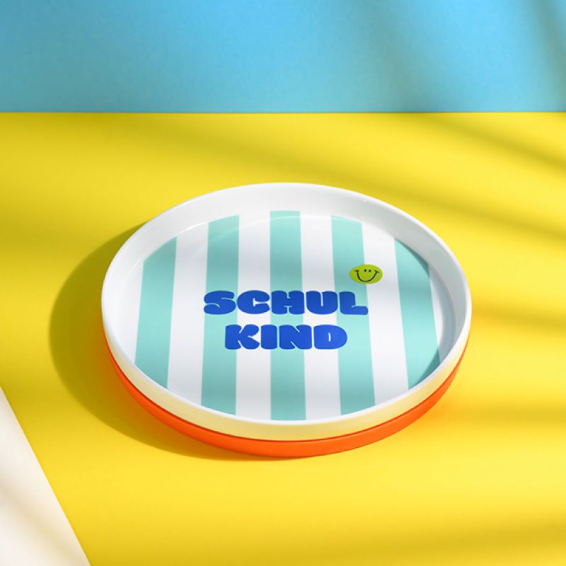 Ava&Yves Porzellan-Set 'Schulkind Streifen, türkis und grün' mit großem Teller (23cm), Becher und Müslischale