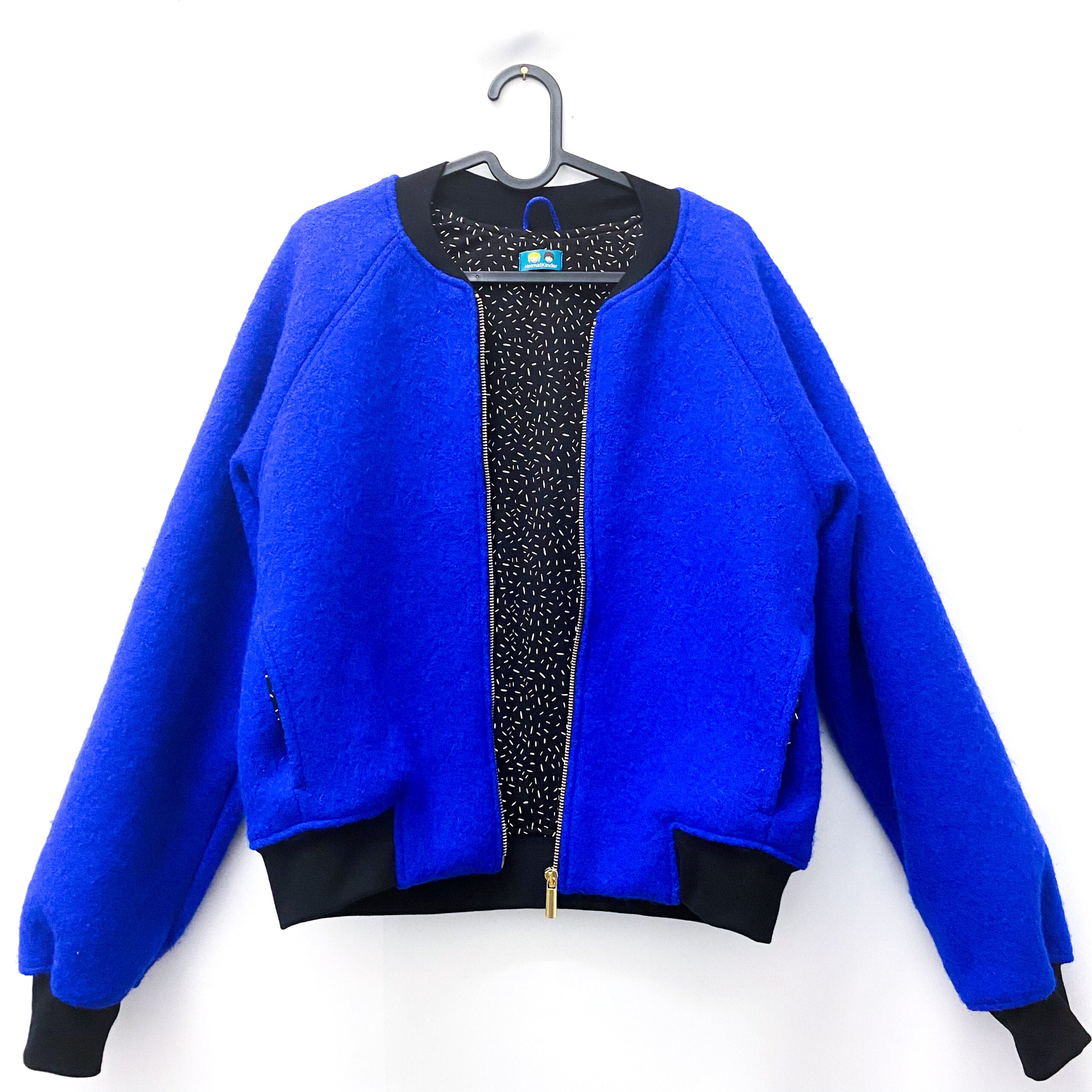 Bomberjacke Wollwalk knallblau/schwarz mit Stippchen