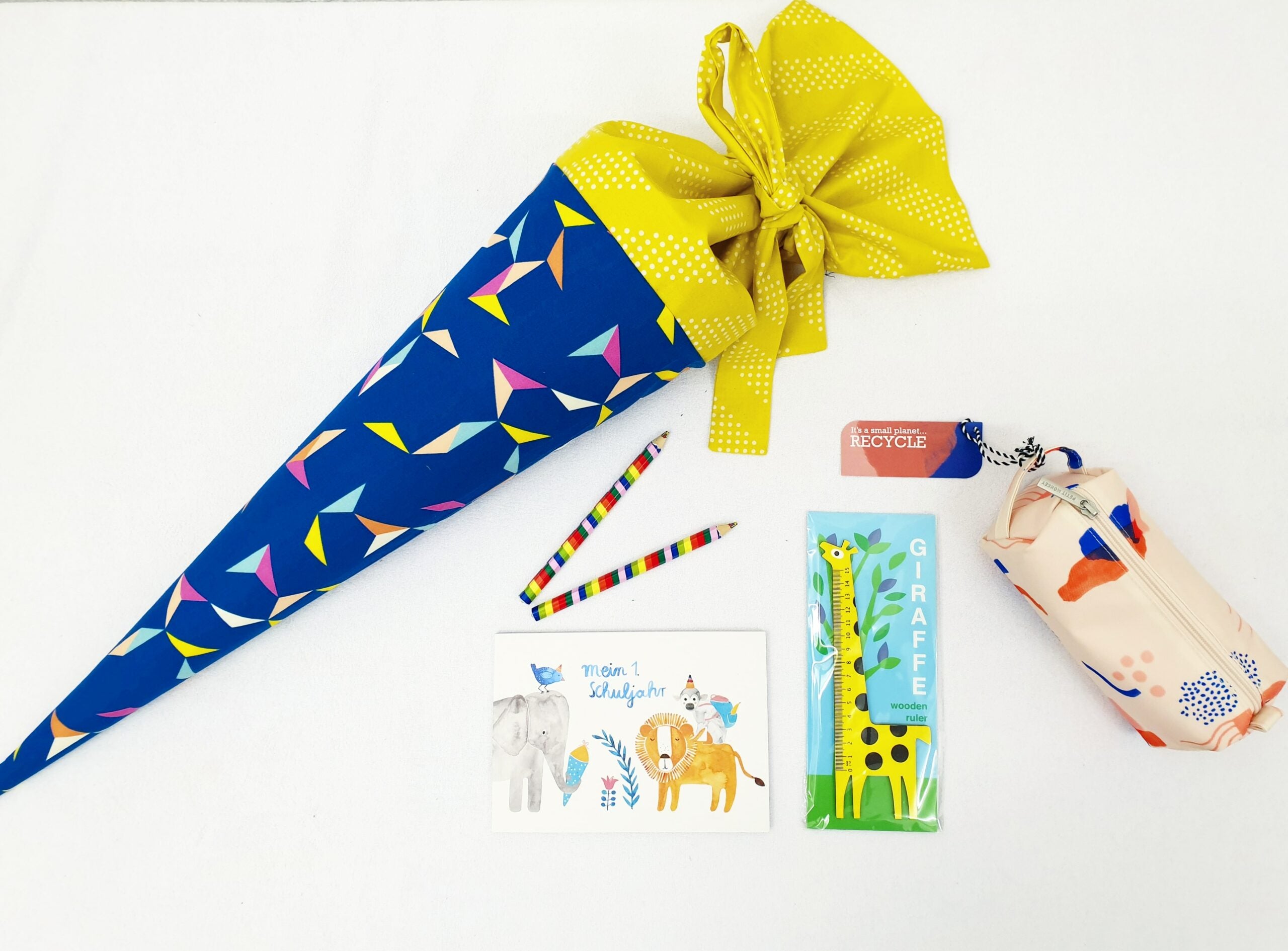 Schultüte 'Muster auf knallblau/ senfgelb'