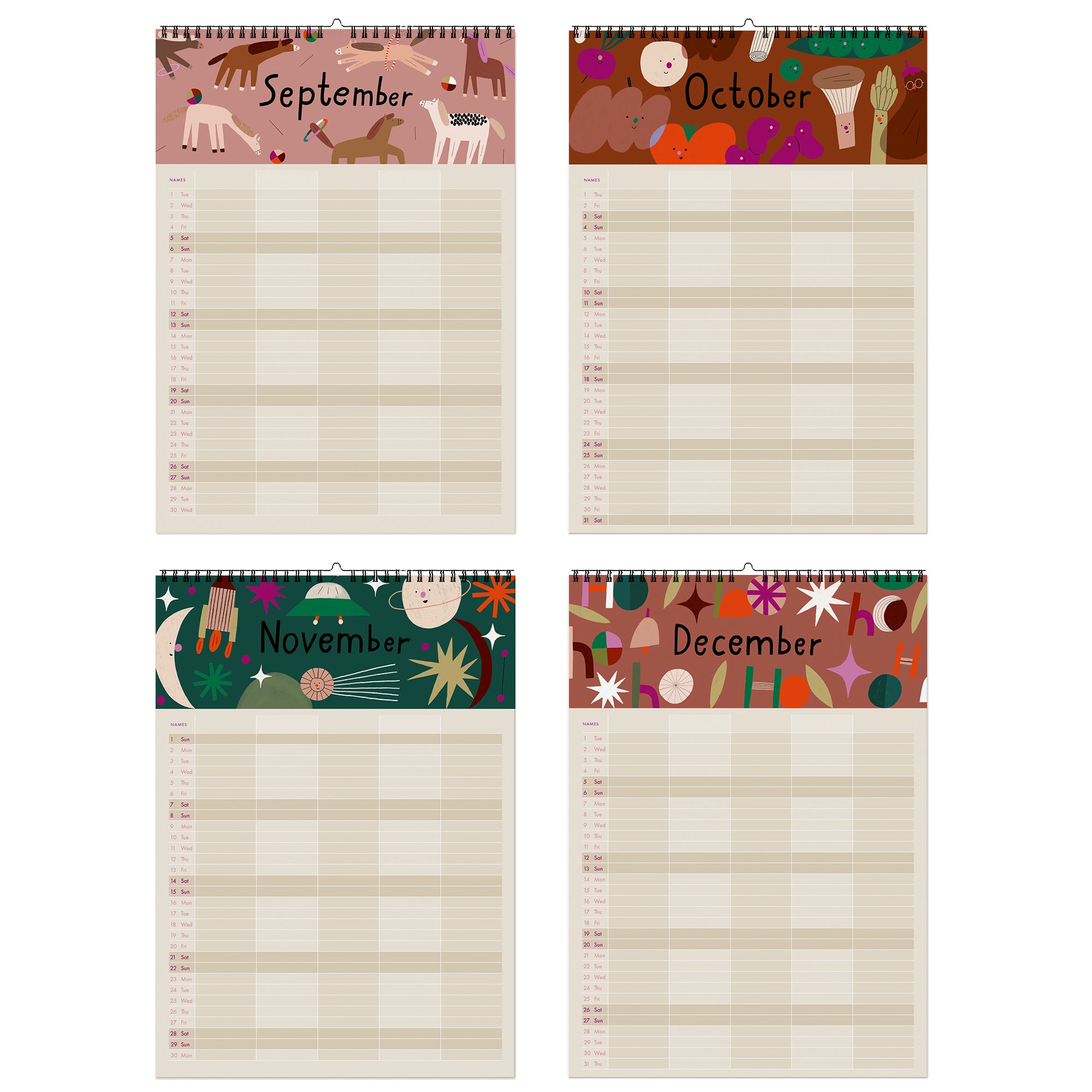 Familienkalender „Ponys u. Picknick“ 2026 inkl. Poster + 88 Sticker NUUKK