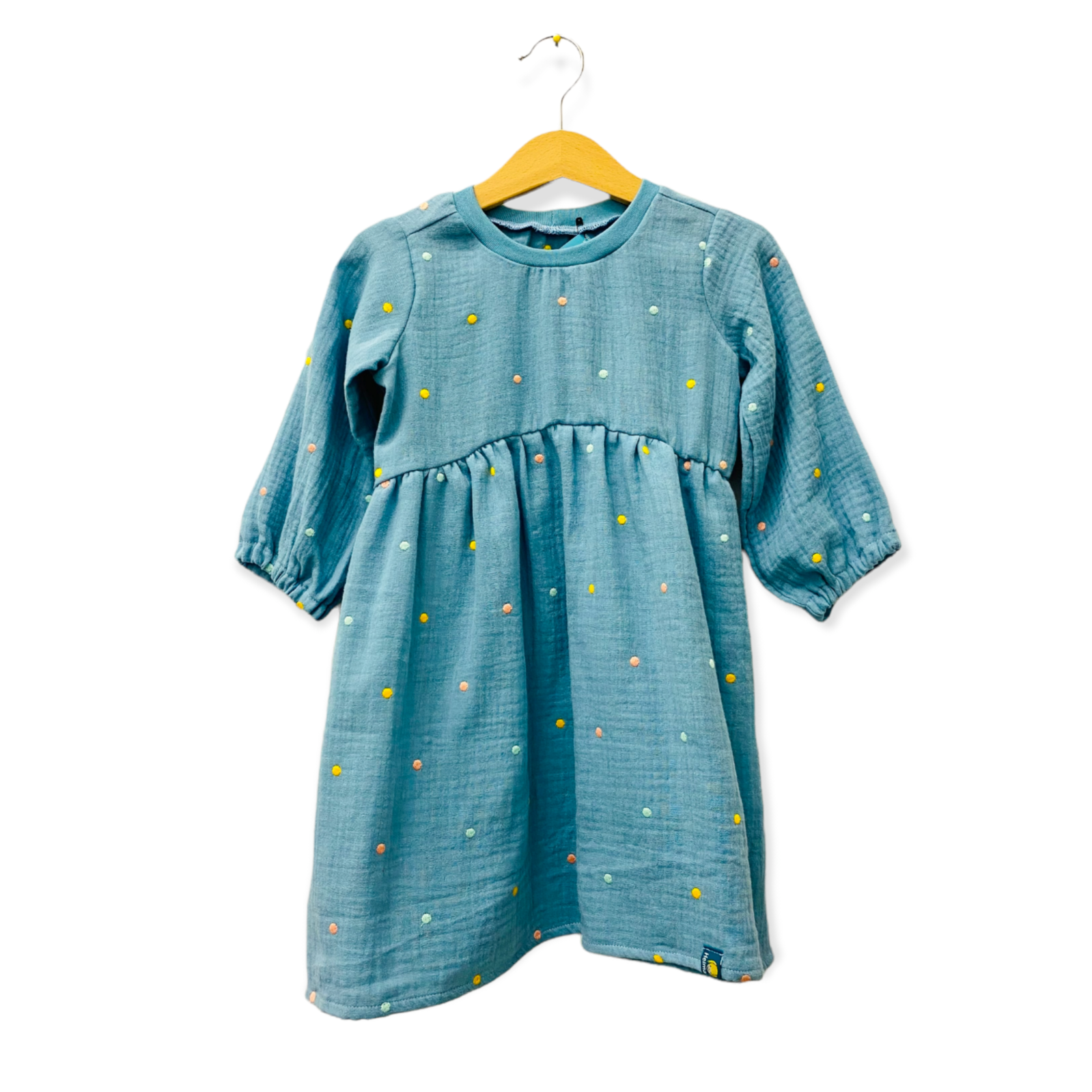 Musselinkleid türkis mit eingestickten Punkten