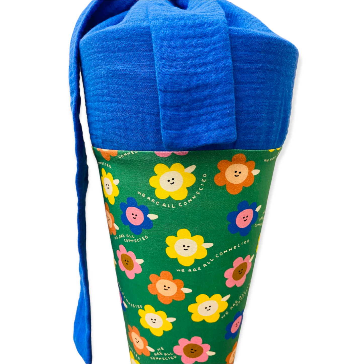 Schultüte 'Blumen mit Gesicht/knalllblau Musselin'