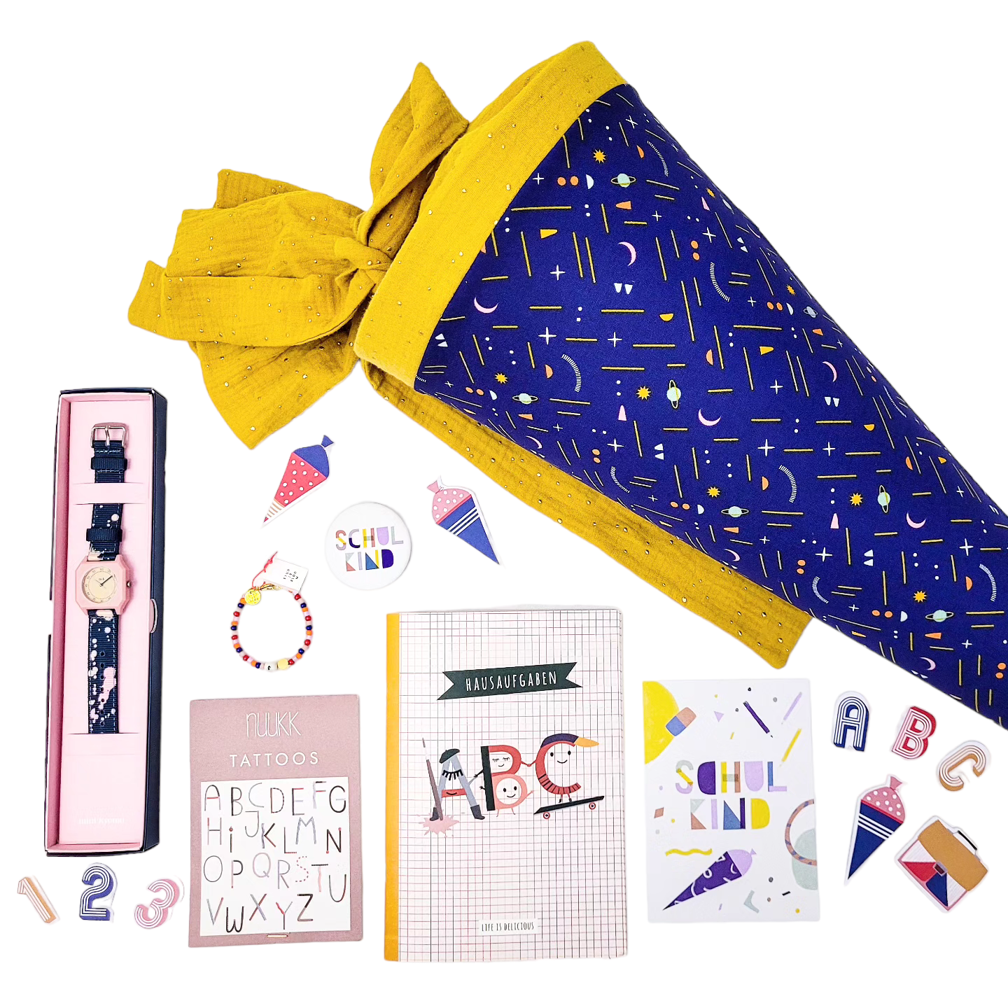Schultüte 'Weltall minimalistisch/senf Musselin'