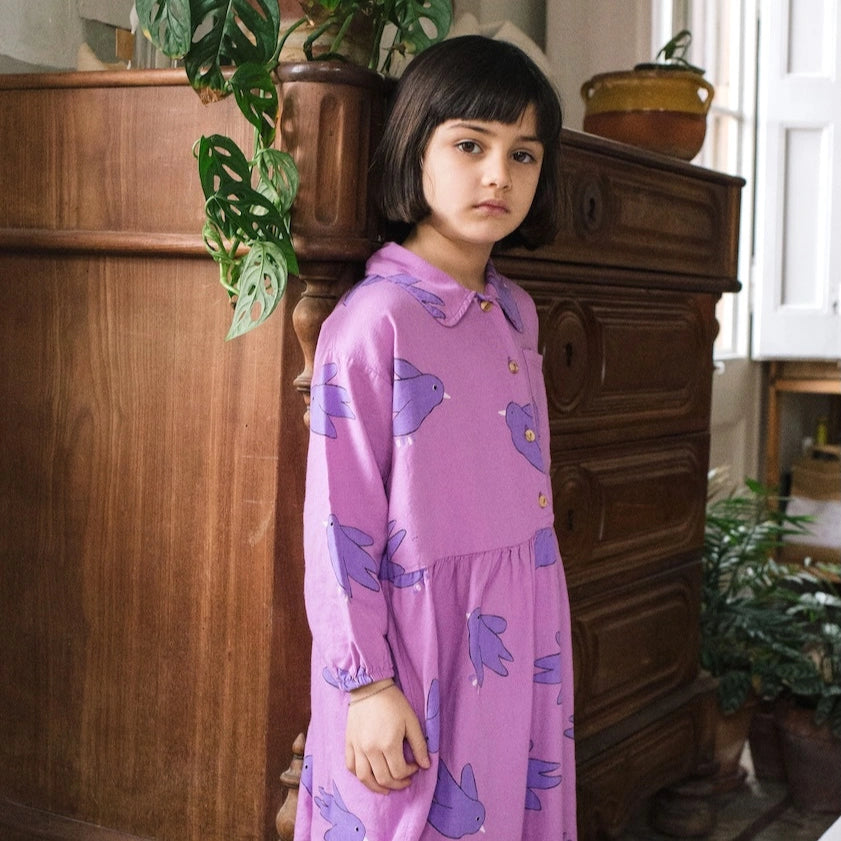 Lötiekids FLOWING BIRDS FUCSIA WOVEN DRESS