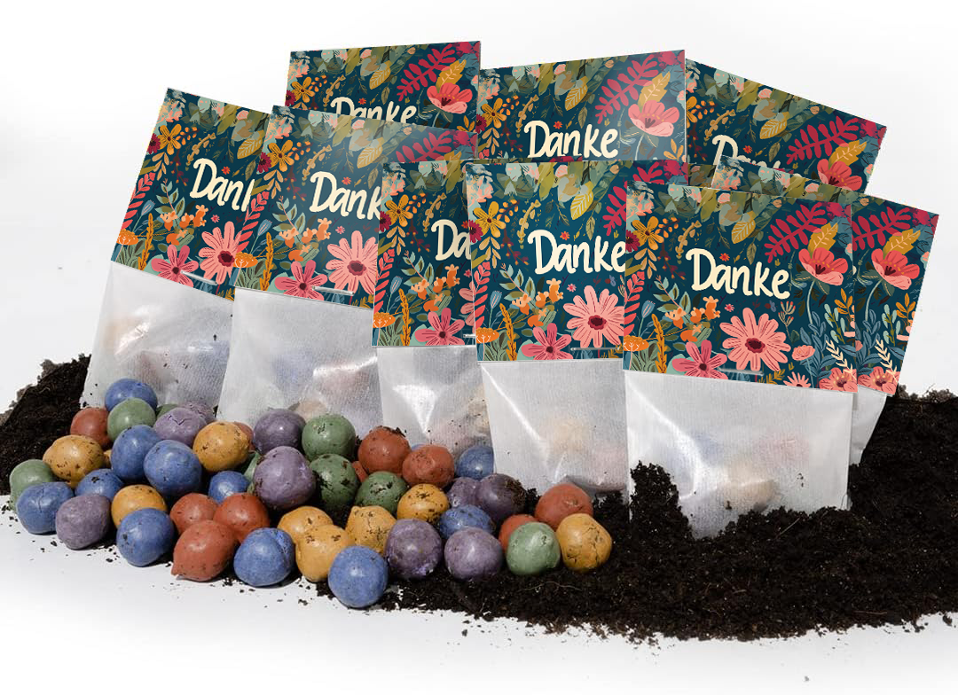 5er Blumenmurmeln im Pergaminbeutel - "Danke"
