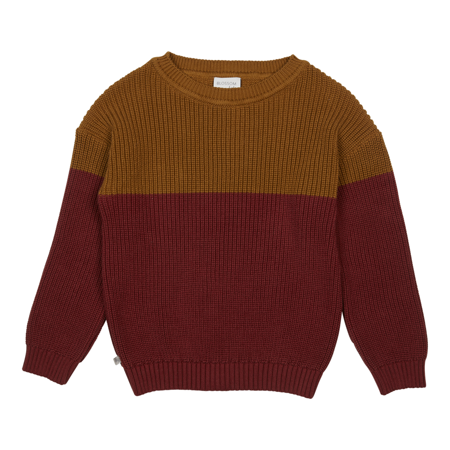 Strickpullover aus BioBaumwolle 'Colorblock gold dunkelrot'