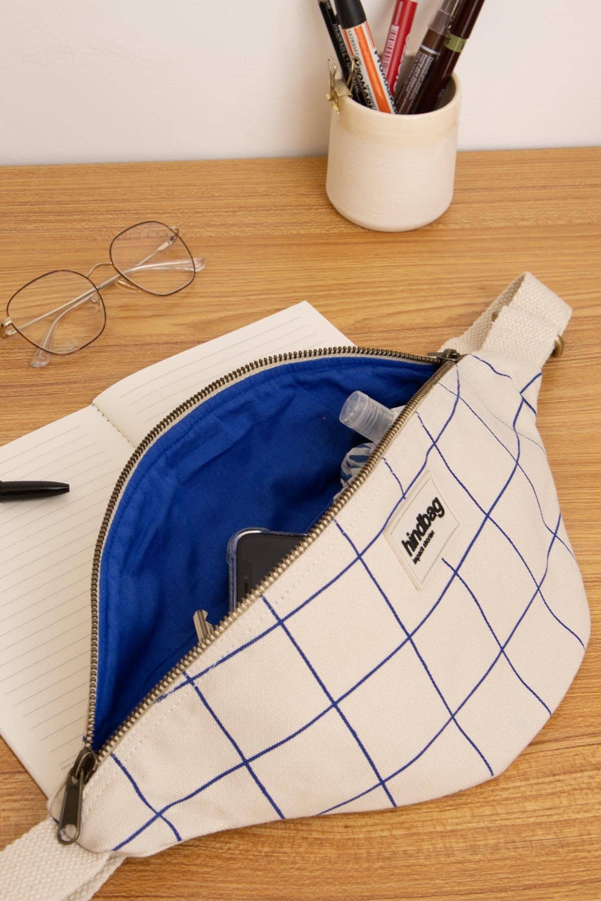 Bauchtasche Olivia Ecru/Blau kariert