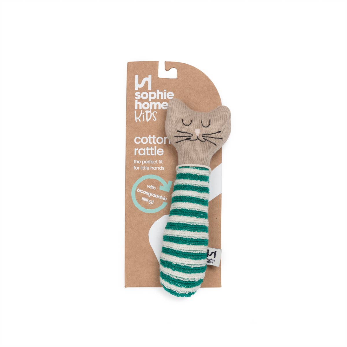 Katzengrünes Baumwoll-Strick-Babyrasselspielzeug