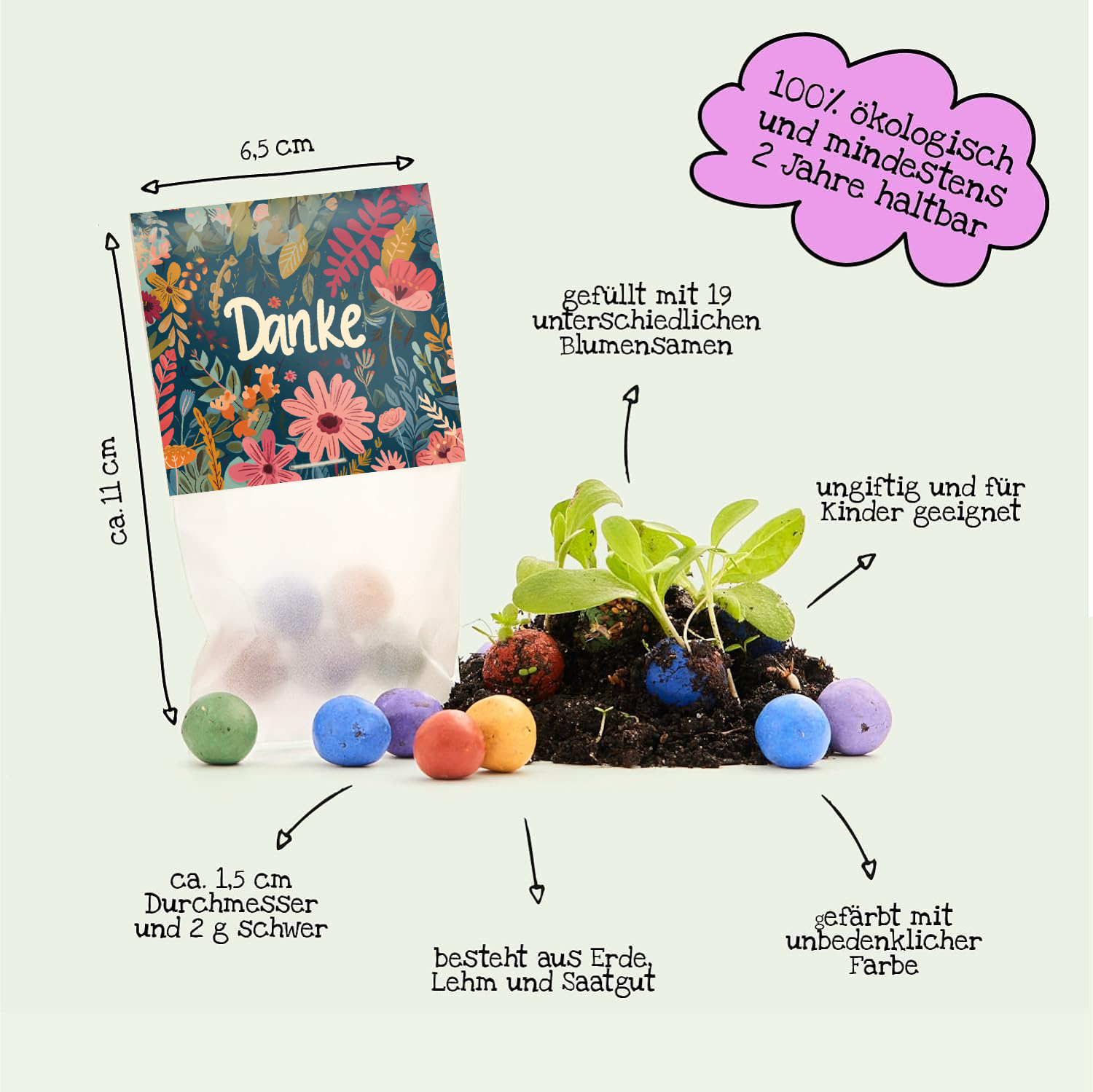 5er Blumenmurmeln im Pergaminbeutel - "Danke"