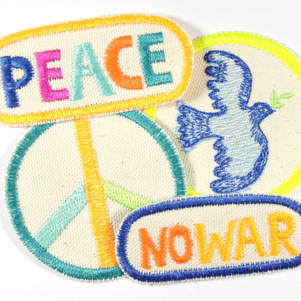 Patches "Peace" & "Frieden" & "Taube" & "no war" 4 Bügelbilder im Set