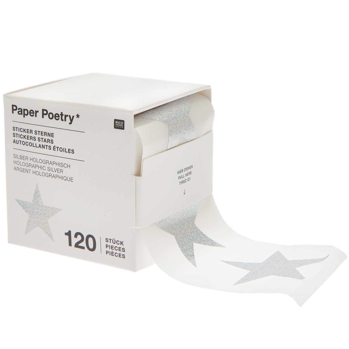 Paper Poetry Sticker Sterne 5cm 120 Stück auf der Rolle silber holografisch