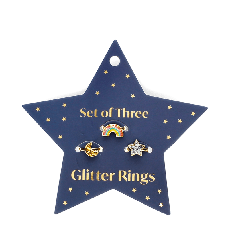 Set mit drei Glitzerringen 'Star, rainbow & moon'