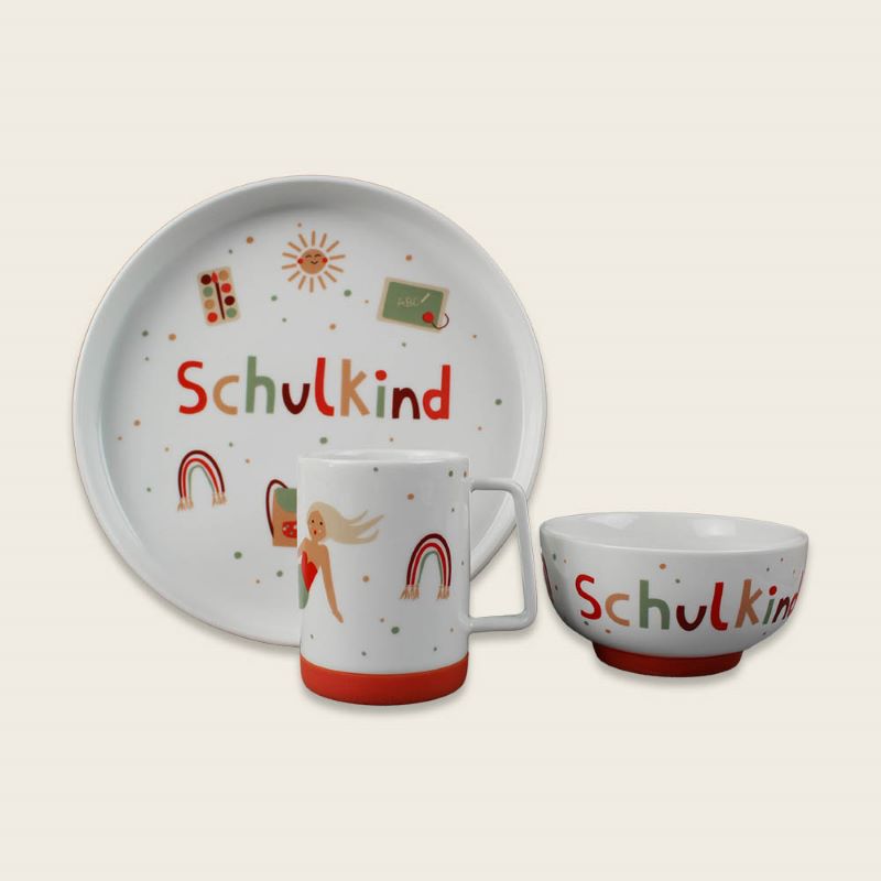 Ava&Yves Porzellan-Set 'Schulkind Under The Sea' mit großem Teller (23cm), Becher und Müslischale