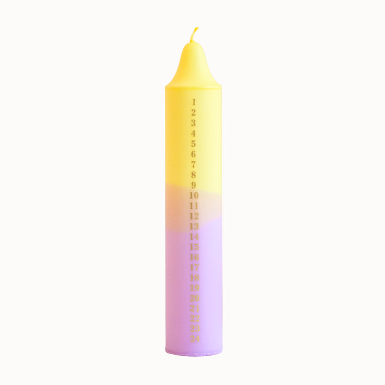 AdventskalenderKerze gelb flieder  / yellow purple
