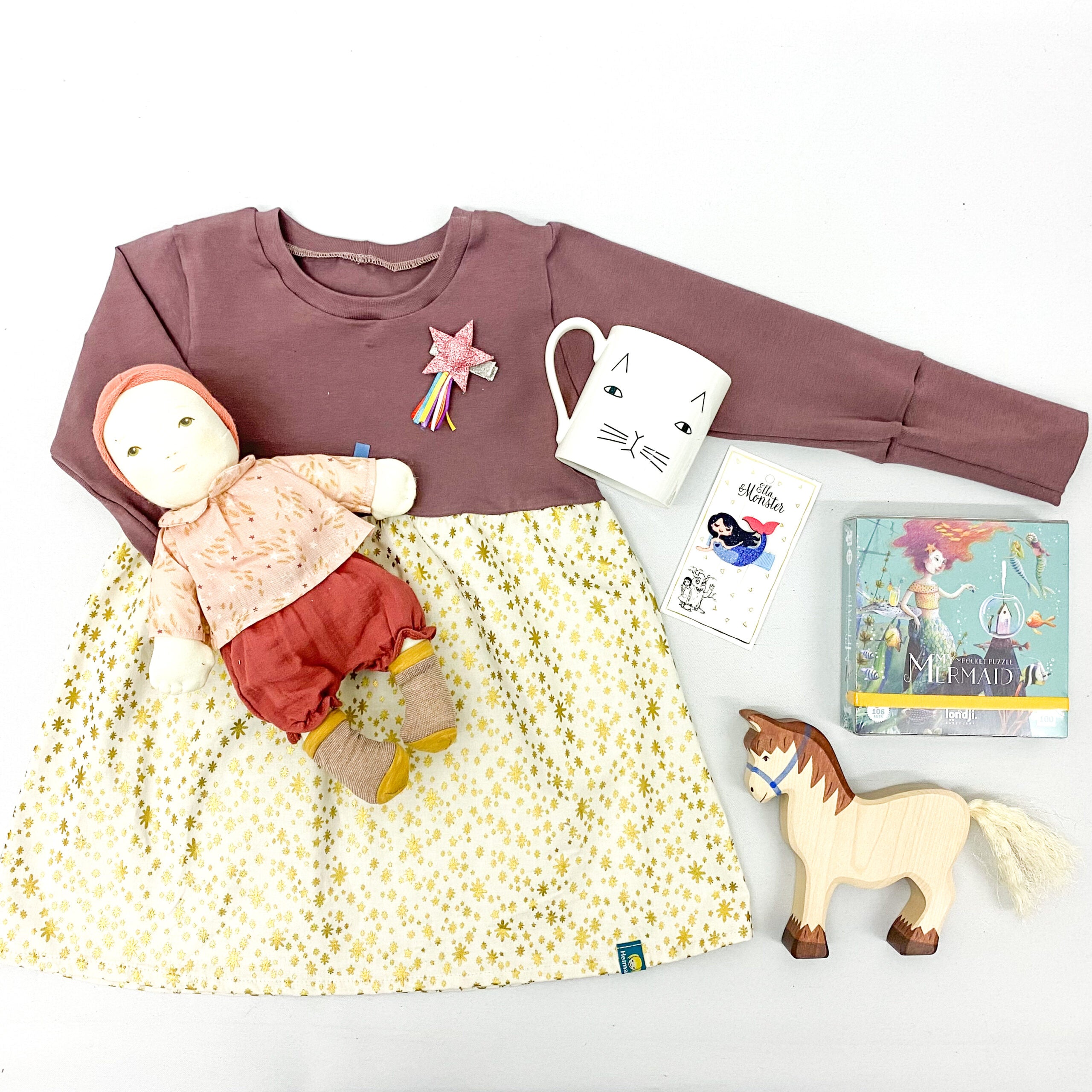 Kinderkleid mauve Goldsterne Weihnachtskleid