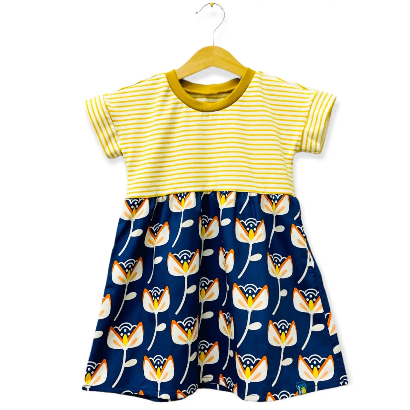 Passenkleid kurzarm gelb Ringel/Blumen auf blau