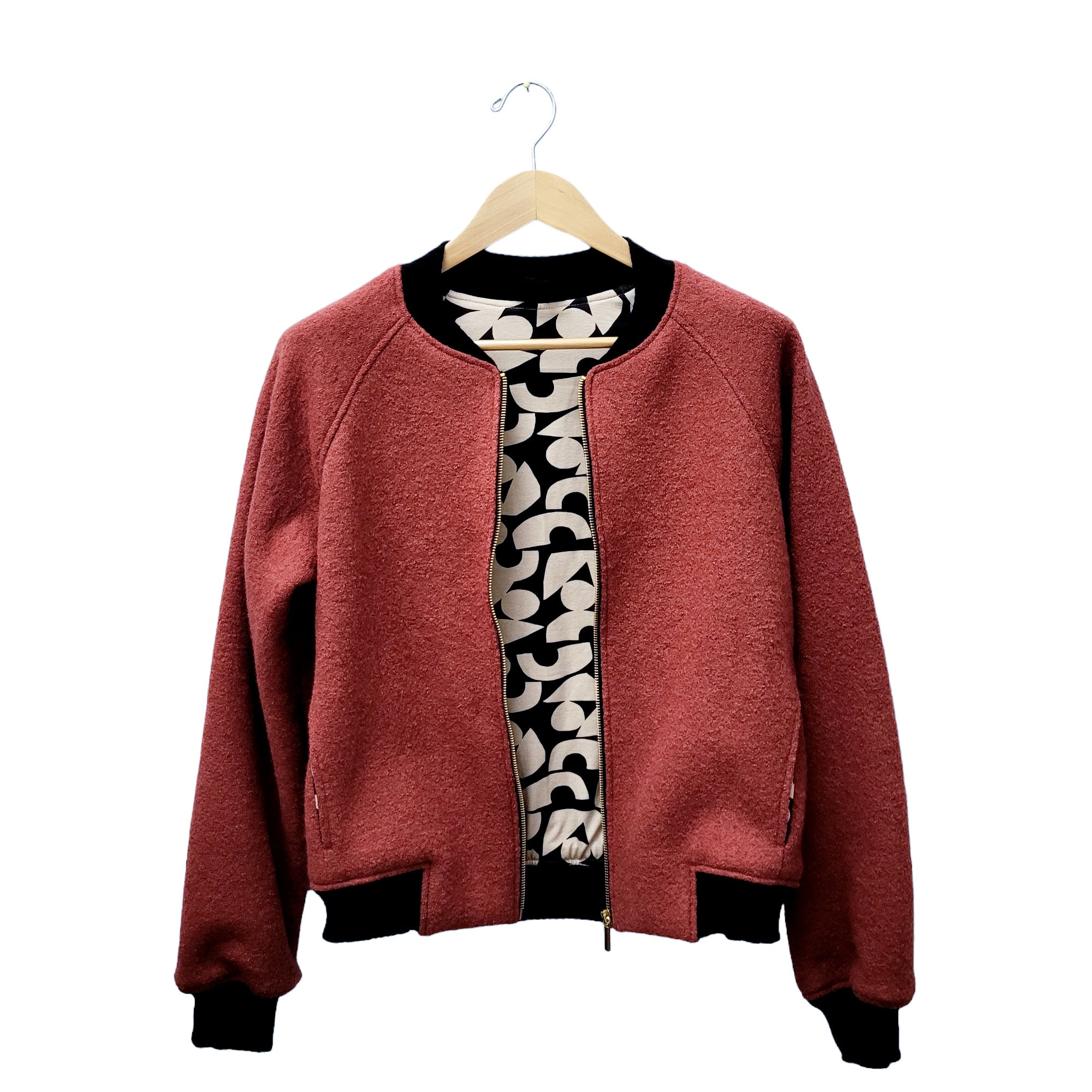 Bomberjacke Wollwalk rosanes rost/schwarz creme Muster