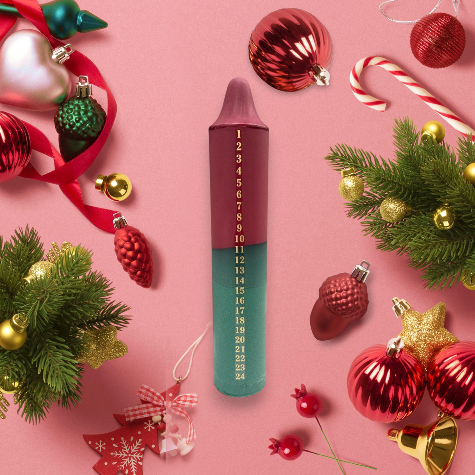 AdventskalenderKerze bordeaux grün