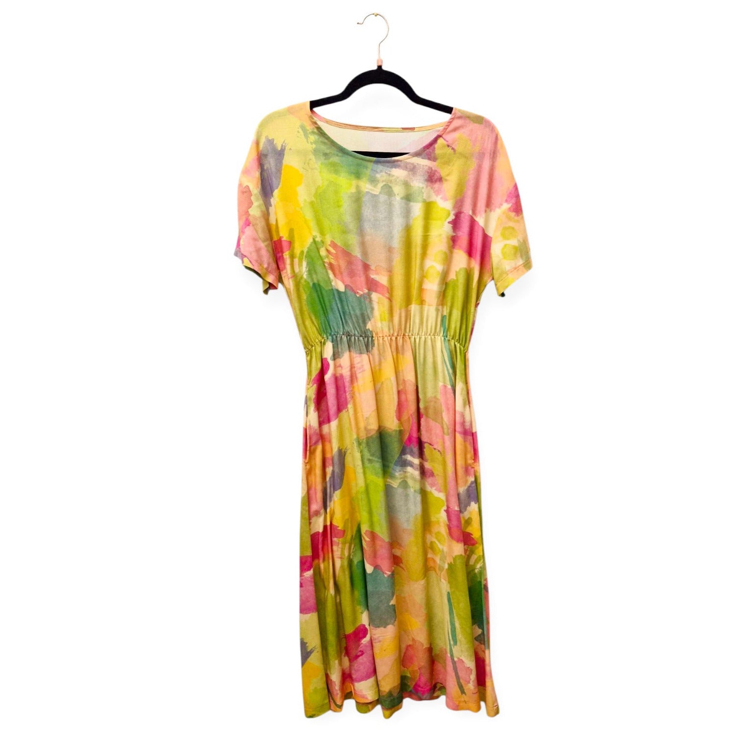 Lang/kurzarm MidiKleid aus Viskose 'aquarell/gelb grün rosa'