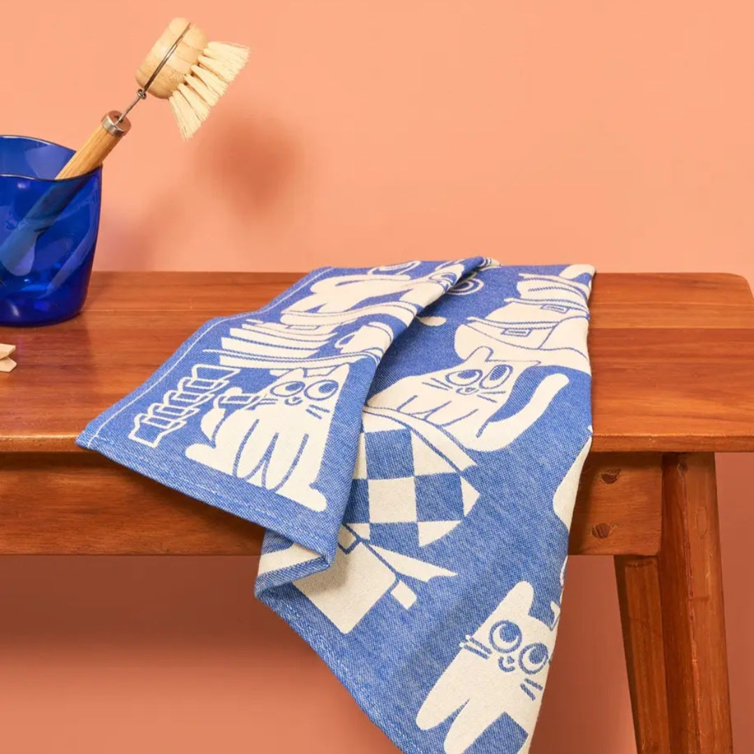 Wrap Geschirrtuch 'Kitchen Cats' (blau/weiß)
