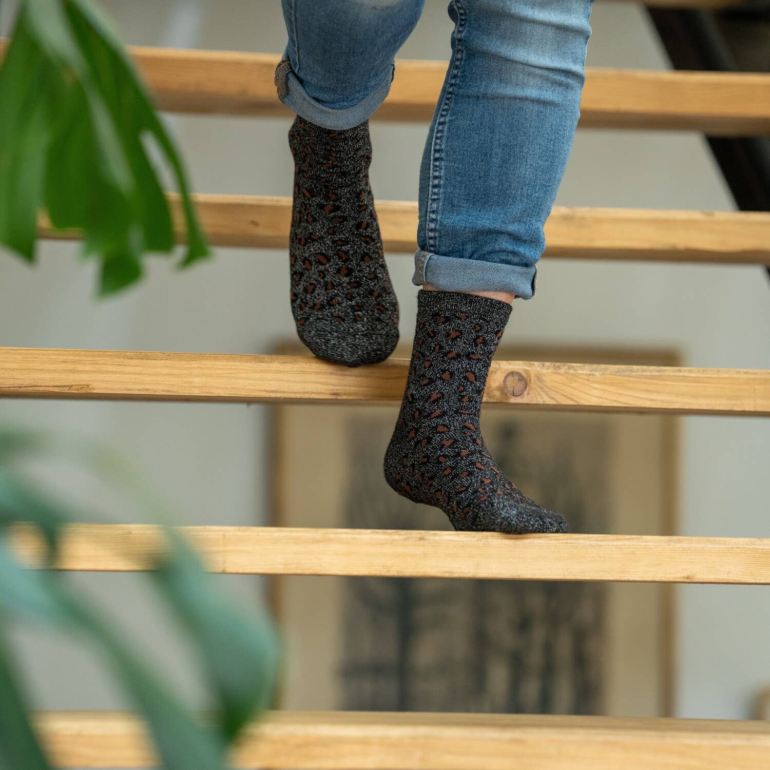 Socken aus gekämmter Baumwolle mit Leopardenmuster - Schwarz und Silber